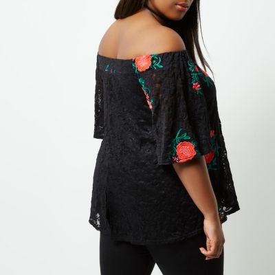 Plus black rose embroidered bardot top